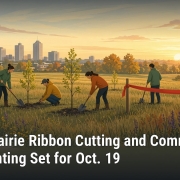 Fostoria News Community members planting trees at urban prairie event in Fostoria.